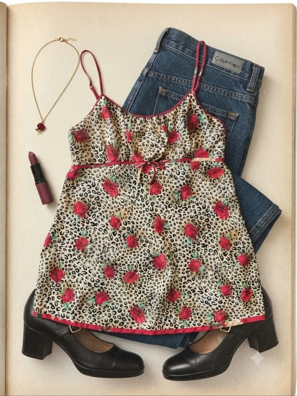 Animal Print Red Roses Semi Sheer Slip Dress